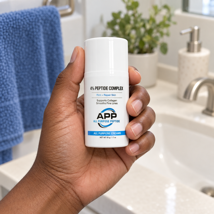 A hand holding a white bottle of APP All Purpose Cream in front of a bathroom sink and faucet.
