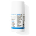 A white cylindrical cosmetic stick container with blue and black text, photographed on a clean white background with a soft shadow.