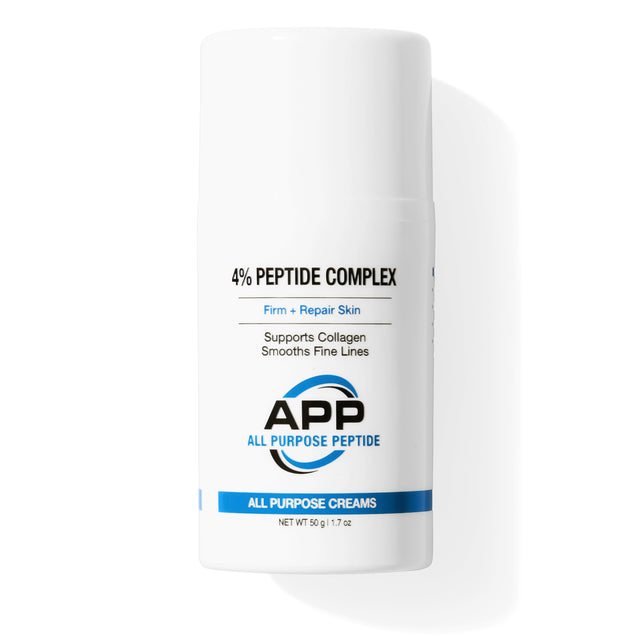 A white cylindrical bottle of APP 4% Peptide Complex All Purpose Cream with blue and black text, set against a clean white background with a soft shadow.