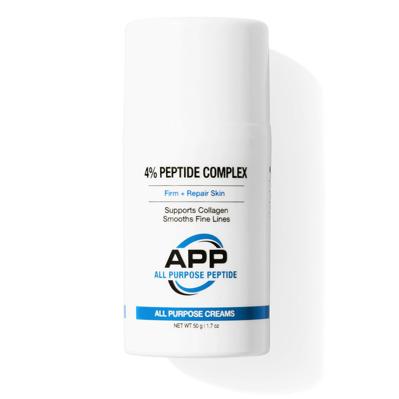 A white cylindrical bottle of APP 4% Peptide Complex All Purpose Cream with blue and black text, set against a clean white background with a soft shadow.