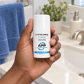 A hand holding a white bottle of APP All Purpose Cream in front of a bathroom sink and faucet.