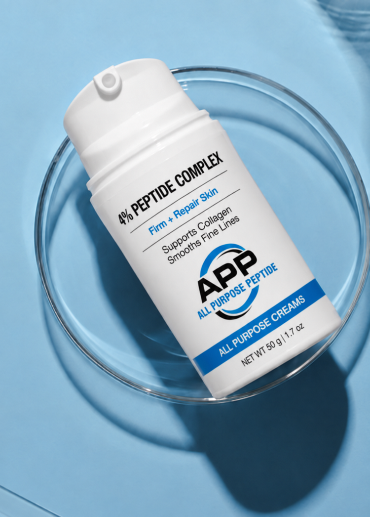 A white pump bottle of APP All Purpose Creams 4% Peptide Complex serum, resting inside a clear glass dish on a light blue background.